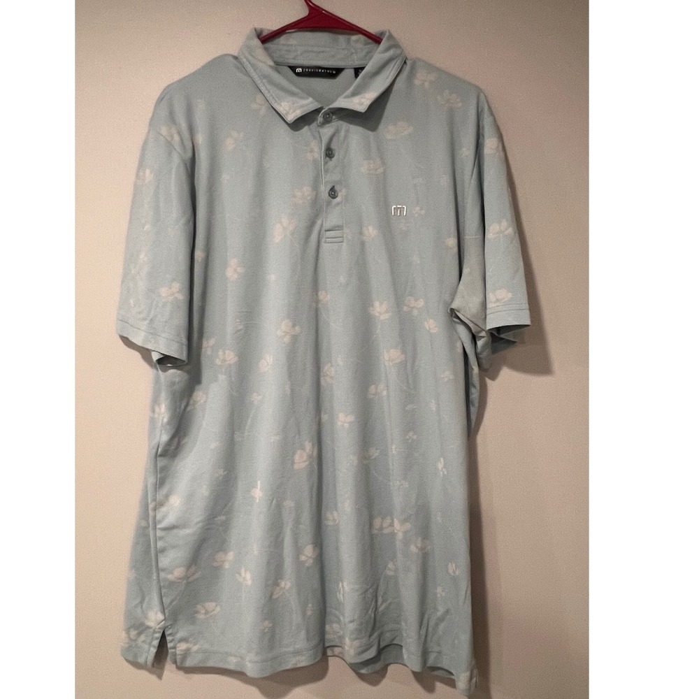 Travis Mathew Floral Print Golf Polo Shirt Mens XL Light Blue Short Sleeve